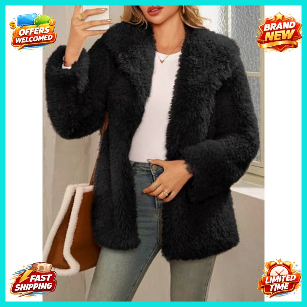 Oversized Faux Fur Coat Lapel Collar Open Front Fuzzy Jacket Winter Warm - Picture 2 of 7